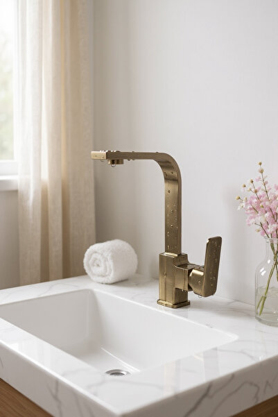 İSAOĞLU YAPI Antik Gold Lavabo Bataryası Yüksek Model 360 Derece Dönebilen Es...