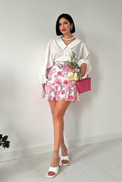 ELİSA Short skirt with floral details - Made in Turkey