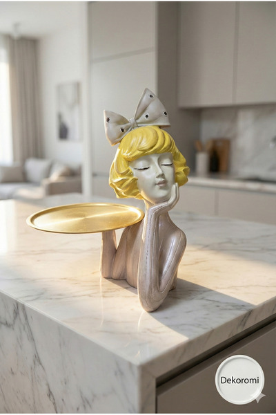 Dekoromi Dekoratif El Boyaması Tepsili Kız Lüks Sunumluk (34x27cm) Kahve, Tat...