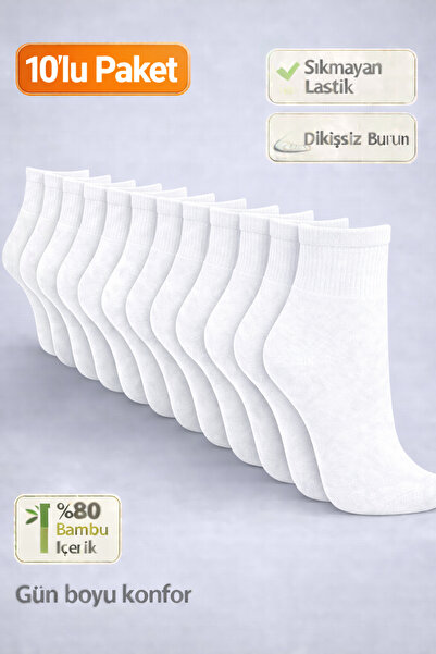 Baff Beyaz Unisex Orta Konç Bambu Çorap (10'lu Paket)