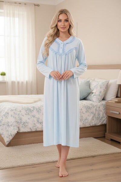 Lohusa Homewear New Season Blue 100% Cotton Elegant Lace Detailed Long Sleeve...