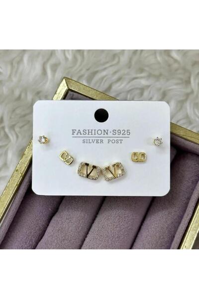 Septemmart Letter V Figured Zircon Stone 3-Piece Gold Earring Set 316L Steel