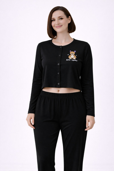 sleeproom Teddy Bear Printed Buttoned Long Sleeve Women's Pajama Set – Crop M...