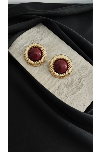 Desire Gold Renk Bordo Taş Detaylı Pirinç Küpe