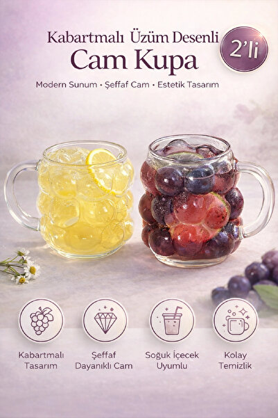 Berdina Home Set of 2 Beaded Glass Cups with Grape Seed Shaped Handles, Soft ...