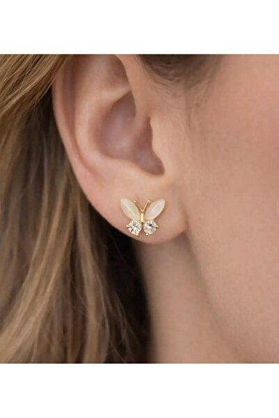 Septemmart Butterfly Figured Moonstone Detailed Zircon Stone Gold Color Earri...