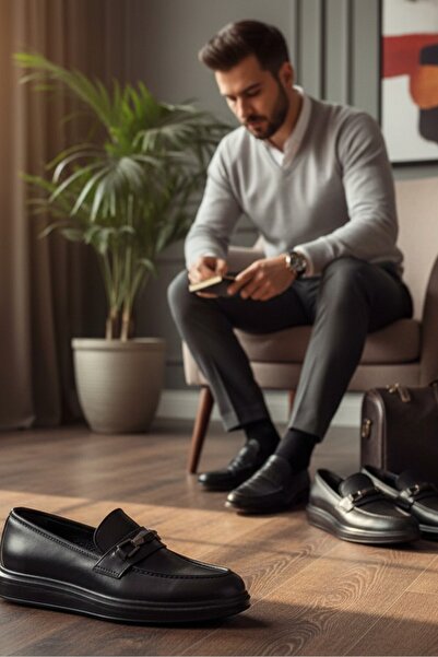 enoch Genuine Leather Black Patent Leather Men's Loafer with Metal Buckle
