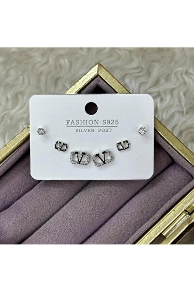 Septemmart مجموعة من 3 أقراط فضية اللون مرصعة بحجر الزركون على شكل حرف V من ا...