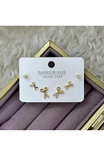 Septemmart Scissors Figured Zircon Stone 3-Piece Gold Color Earring Set 316L ...