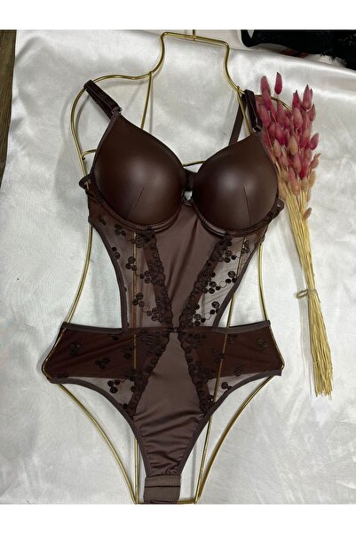 MODELLİFE Transparent Brown Leather Lace Padded Bodysuit