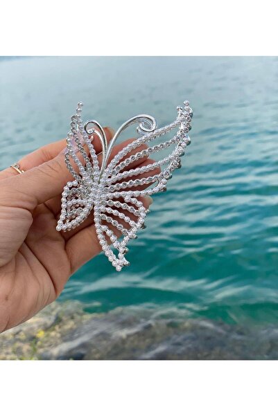 SHEKER HOME Large Butterfly Metal Latch Clasp with Pearl and Stone - Silver