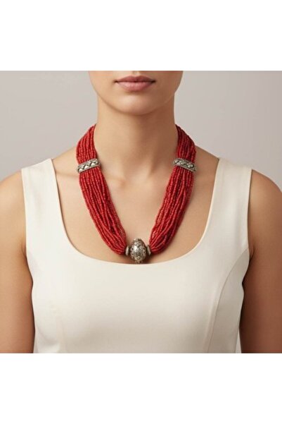 Natural Murjan Red Coral Multi-Strand Necklace with Silver Center Beads - 54g
