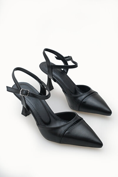 Riccon Women's Pointed Toe Open Back Thin Heeled Shoes 0012727 Black Skin