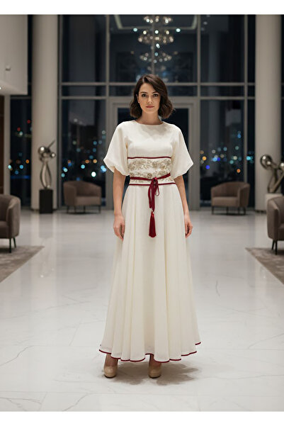 DVNA "Soft Authenticity" dress in beige with gold embroidery