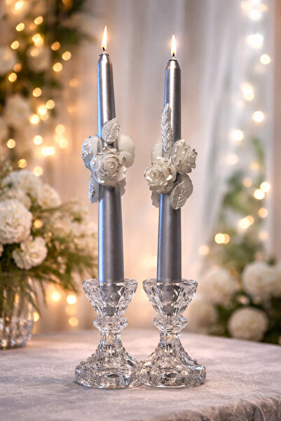 mumy candle Gümüş Çiçekli 2’li Şamdan Mumu