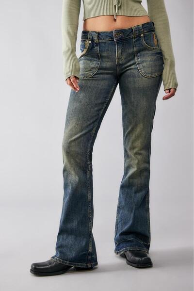 september island Smoky Navy Blue Low Waist Flare Jeans with Pocket Detail (Su...