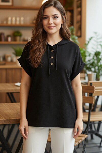 Mossta Button Detailed Hooded Short Sleeve Viscose Blouse - Black