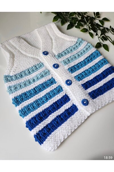 MİNOHOUSE El örgüsü mavi- beyaz erkek bebek yelek .1 yaş