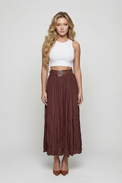 EXİTLİNE Women's Brown Summer Skirt with Elastic Waist and Belt, Layered Detail