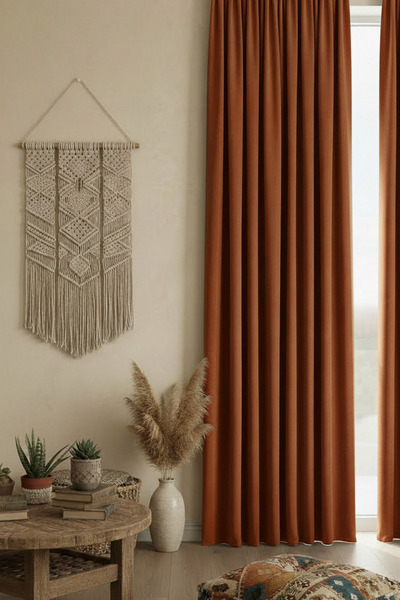 Dokuar Kadife Dokulu Premium Büzgü Ekstraforlu Kiremit Düz Polyester Fon Perde