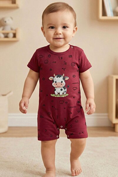 LUCEVERA Unisex İnek Baskılı Kısa Kollu Bebek Tulum – 5 Çıtçıtlı Pamuklu Yazl...