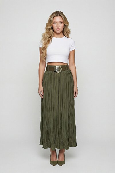 EXİTLİNE Women's Khaki Summer Skirt with Elastic Waist and Belt, Layered Detail