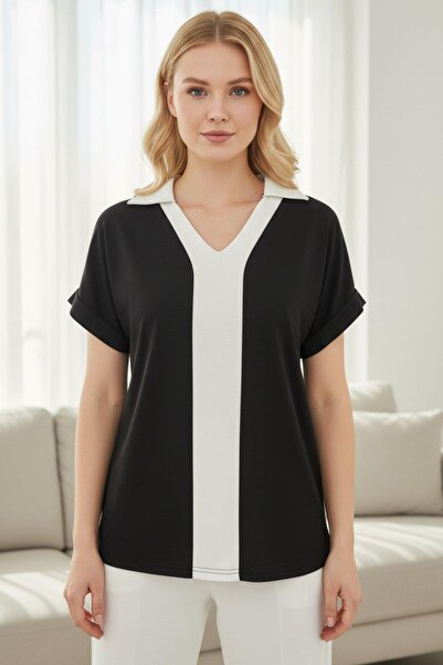 Mossta Color Blocked Polo Collar Short Sleeve Sandy Blouse - Black