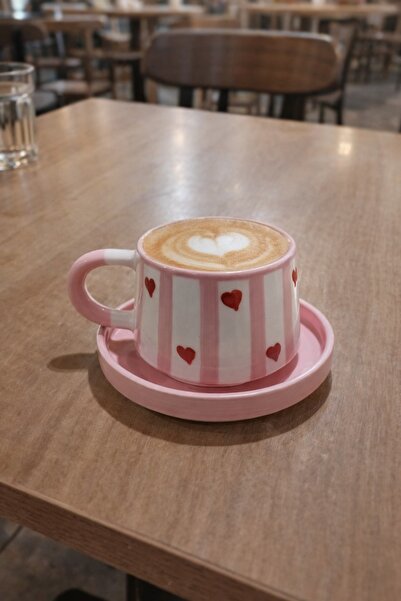 Ceramillion Pink and White Striped Heart Patterned Ceramic Mug and Saucer Set
