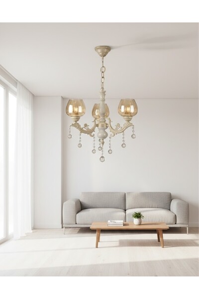 Çabuk Elektrik Vintage Gold 3’lü Camlı Taş Detaylı Salon Avizesi