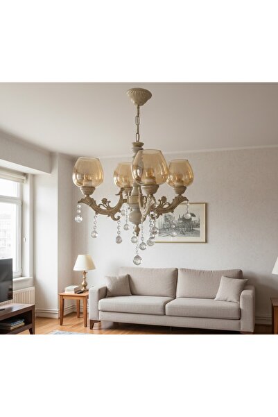 Çabuk Elektrik Vintage Gold 4'lü Taş Detaylı Cam Salon Avizesi