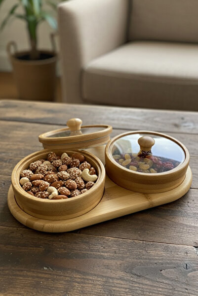 Nuha Home Standlı Bambu Kapaklı Yuvarlak Çerezlik 2’li Set