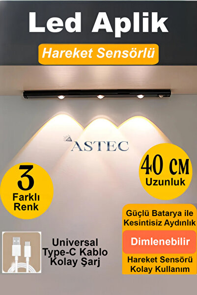 ASTEC Dolap ve Masa Altı LED Aydınlatma Şarjlı Sensörlü 3 Renk USB