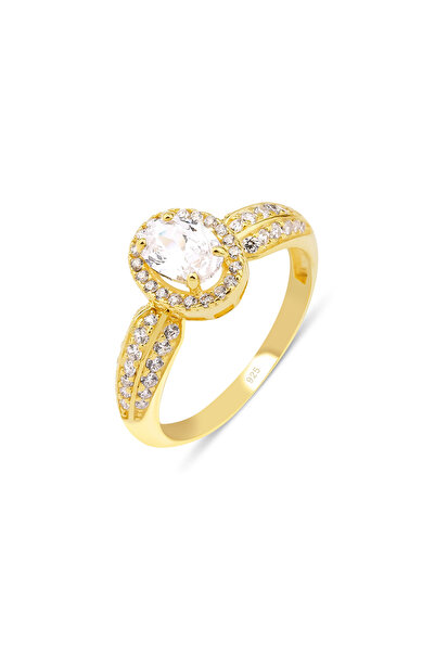 KLAZOJEWELRY 925 Ayar Gümüş Üzeri 18 Ayar Altın Kaplama Yanları Taşlı Oval Te...