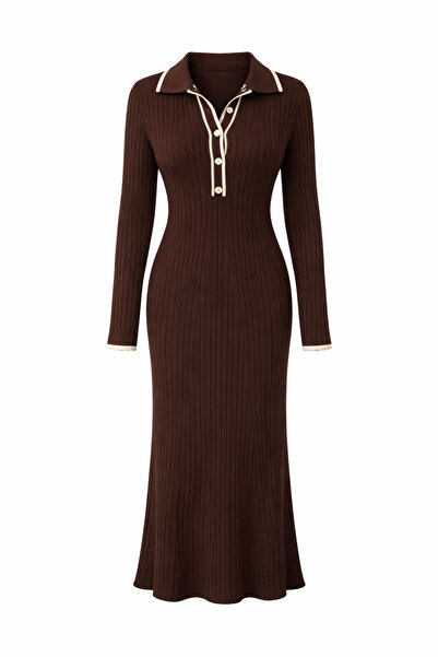 Julidress Polo Collar Button Detailed Maxi Long Length Premium Knitwear Dress