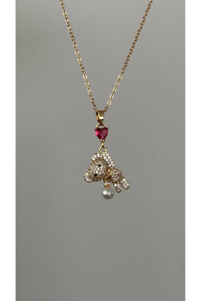 mibrillo Pearl Detailed Red Heart Teddy Bear Pendant Valentine's Day Necklace