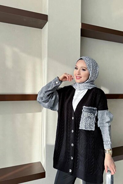 modayaselam Hair Braided Cardigan with Denim Details