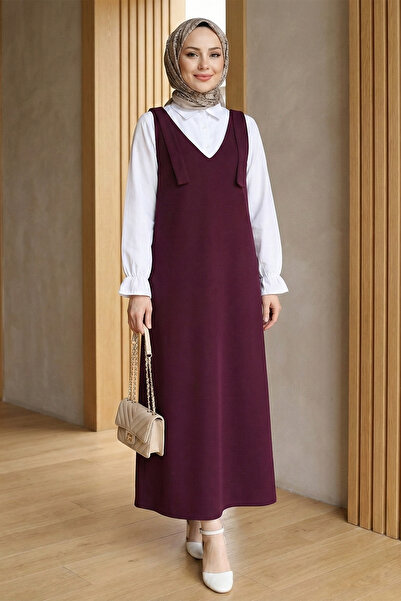 FERHEL Women's V-Neck Dabıl Fabric Long Gilet with Tied Shoulders - Burgundy