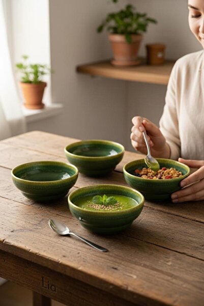 Lia Bubble 12 cm 4'lü Porselen Kase Seti - Yeşil