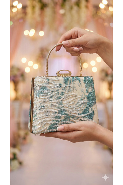 Telli Art Ecru & Turquoise Embroidered Chain Evening Dress Bag 15X22 cm – Dou...