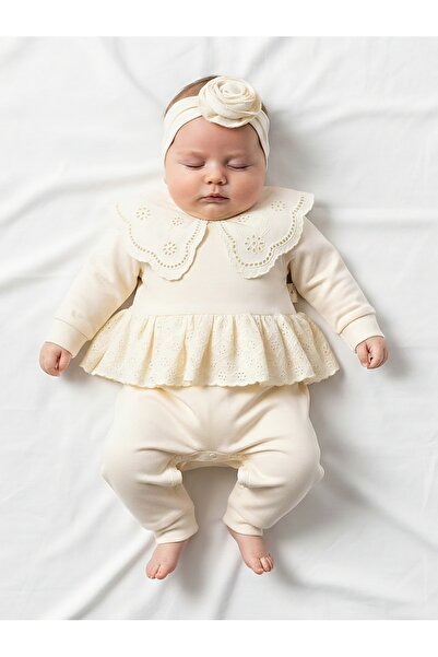 Panfilia 100% Cotton Baby Girl Long Sleeve Transitional Jumpsuit with Headband