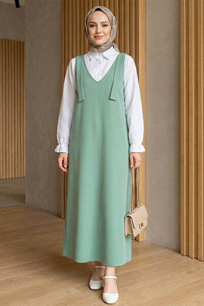 FERHEL Women's Tie-Shoulder V-Neck Dabıl Fabric Long Gilet - Green