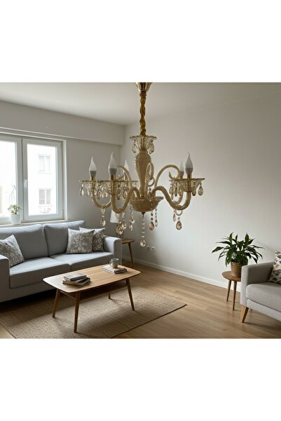 Çabuk Elektrik Lüks Gold 5’li Taş Detaylı Klasik Salon Avizesi