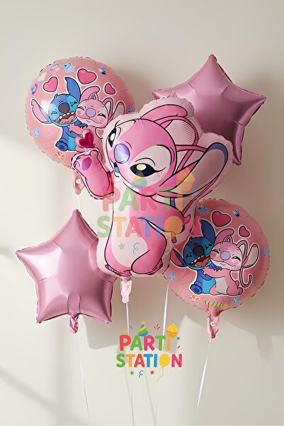Parti Station Pembe Stitc & Angel Balon Seti – 5 Parça Çocuk Doğum Günü Parti...