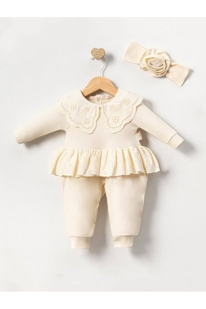 Panfilia 100% Cotton Baby Girl Long Sleeve Transitional Jumpsuit with Headband