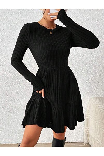 Lunelis Kadın Uzun Kollu Bisiklet Yaka Kemersiz Eteği Pileli şardonlu Kaşkors...