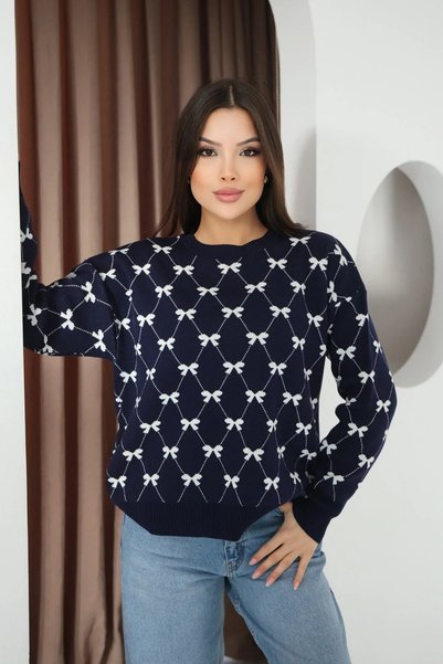 LOS FECHKA Round Crew Neck Bow Tie Bowknot Argyle Jacquard Long Sleeve Standard Fit Knitwear Sweater