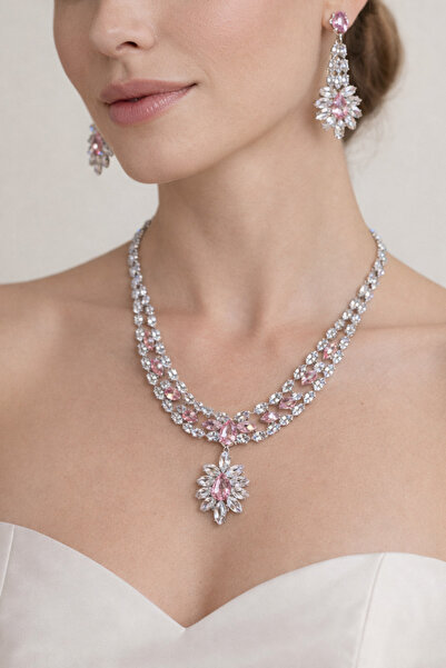 laria jewelry VIP Pembe Taşlı Kolye Ve Küpe Seti