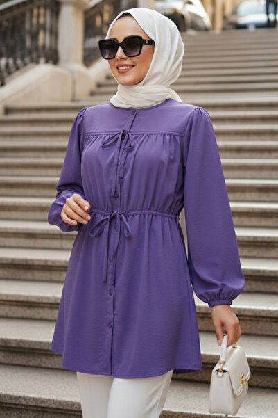 N.S NEVA STYLE Buttoned Purple Hijab Tunic 20287Mor