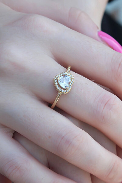 esplendor Gold Color Zircon Stone Heart Model Charm Brass Women's Ring