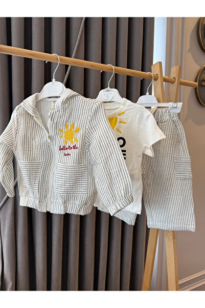 Baby Aden Babyaden Muslin Fabric Hooded Jacket, Pants and Cotton T-Shirt Seas...